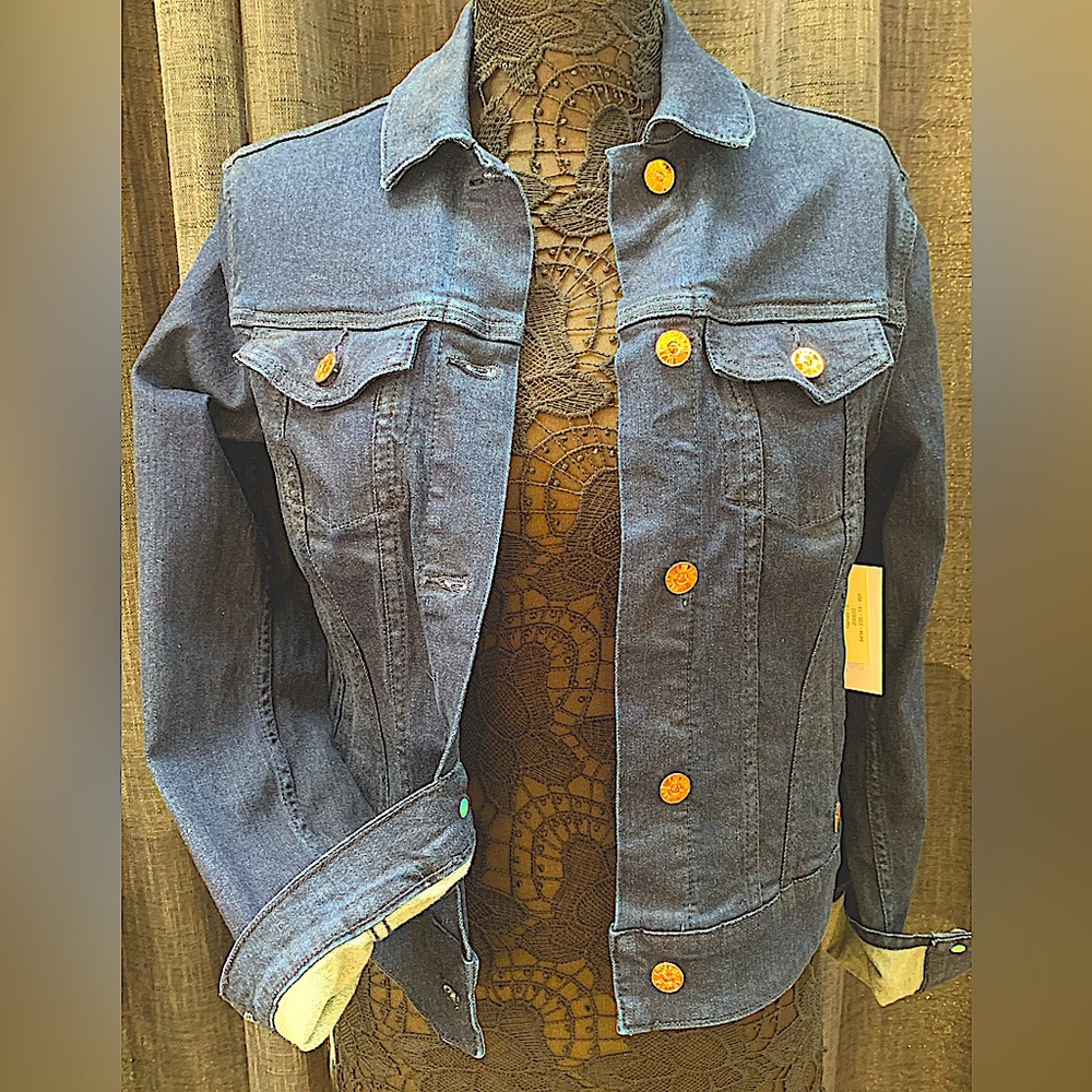 NWT Harvey Stretch Denim Jacket w Copper Buttons, Mint Accents on Cuffs, Size S